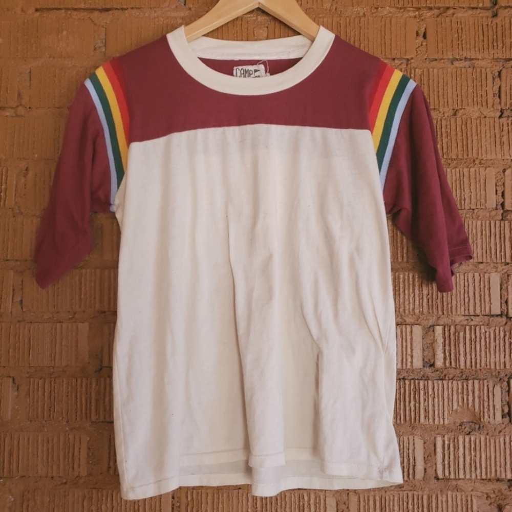 Free People Camp Collection Retro Ivory Burgundy Stripe T Shirt